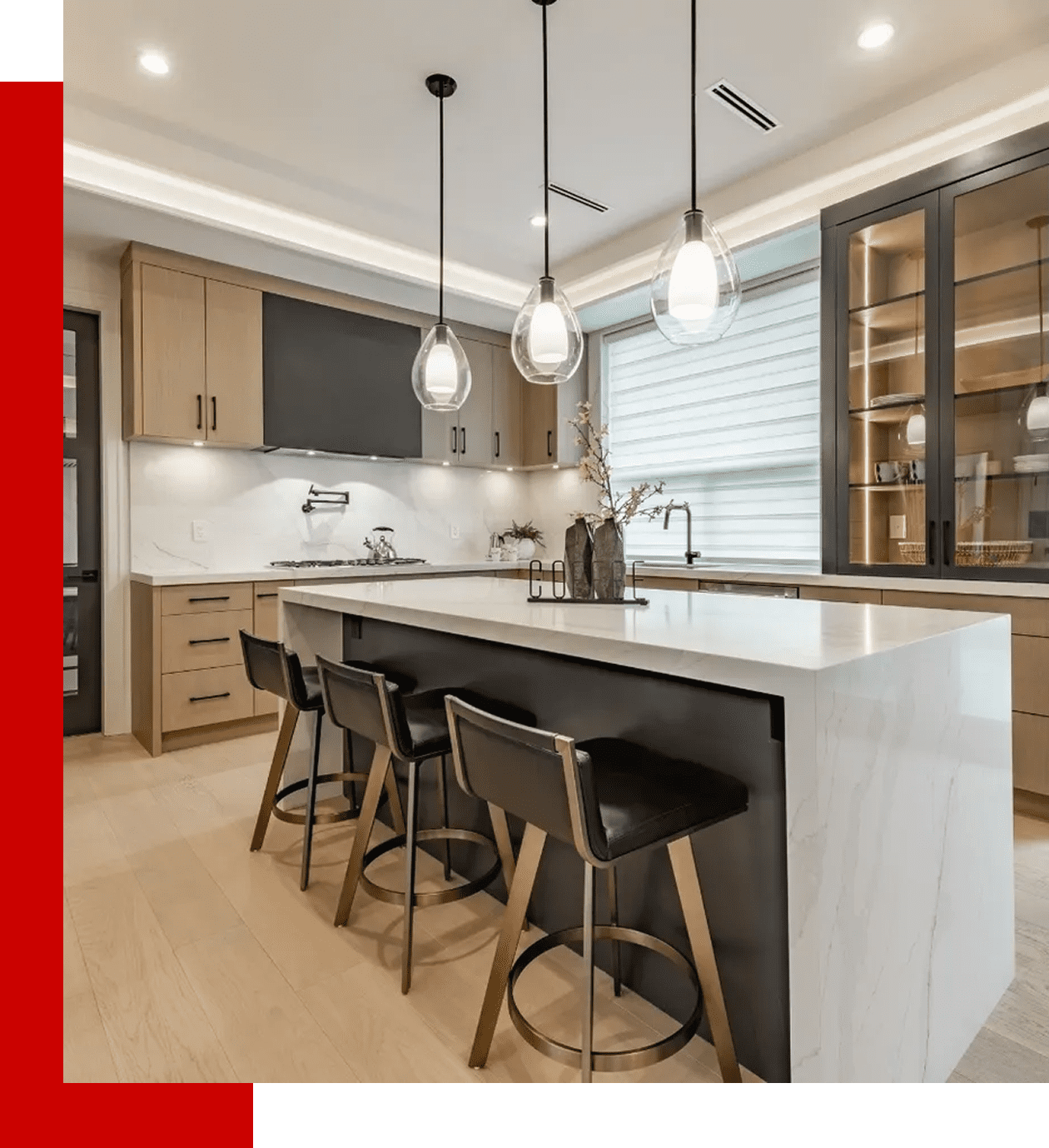Sleek kitchen interior with bar stools